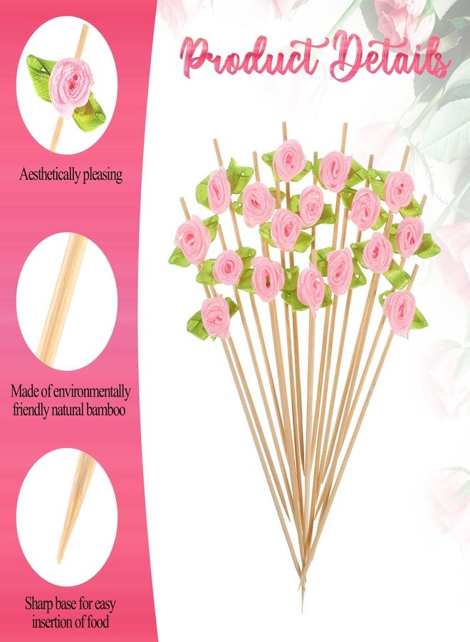 LIQWEI 100 Pcs Pink Rose Flower Cocktail Picks, Pink Flower 4.7 Inch Drink Picks Appetizer Skewers, Cocktail Pick Fruit Skewers for Wedding Valentine Holiday Party Decoration - Image 4